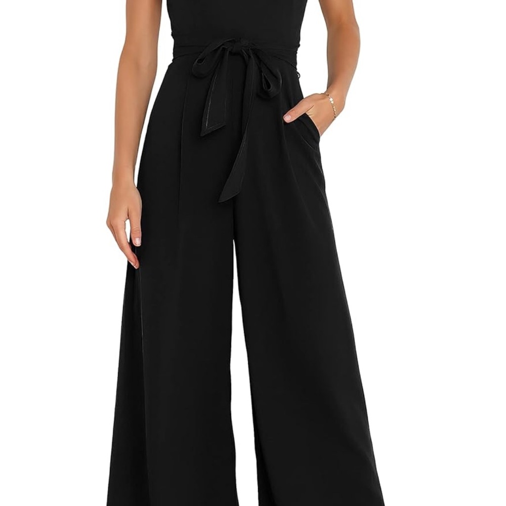 One Shoulder Wide-Leg Black Jumpsuit with Tie Waist